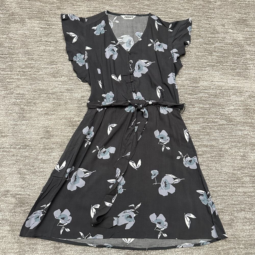 Mountain Khakis Dress Womens XS Gray Floral Flutter Sleeve Pockets Belted